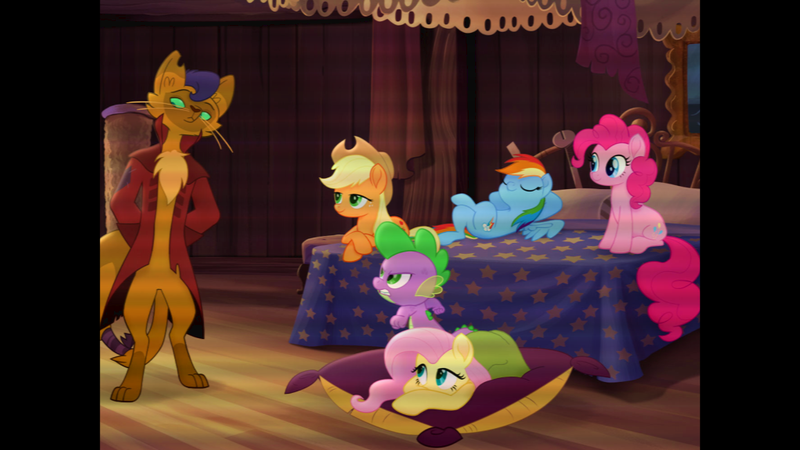 Size: 1024x576 | Tagged: safe, derpibooru import, edit, edited screencap, screencap, applejack, capper dapperpaws, fluttershy, pinkie pie, rainbow dash, spike, abyssinian, anthro, cat, dragon, pony, my little pony: the movie, 4:3, anthro with ponies, capper's room