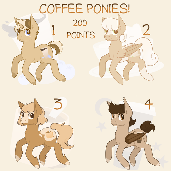 Size: 2500x2500 | Tagged: safe, artist:reverseau, derpibooru import, oc, unnamed oc, unofficial characters only, bat pony, earth pony, pegasus, pony, unicorn, adoptable, coffee, cutie mark background, premium content