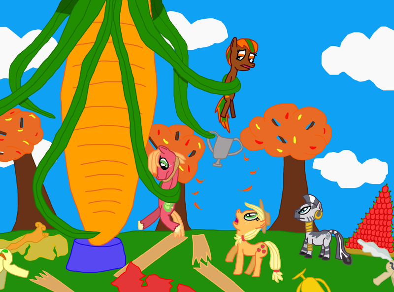 Size: 3000x2220 | Tagged: safe, artist:sb1991, derpibooru import, applejack, big macintosh, carrot top, golden harvest, mayor mare, zecora, oc, oc:carrot root, earth pony, pony, zebra, apple, autumn, carrot, celebration, cloud, food, giant carrot, link in description, story art, tree, trophies, trophy