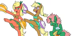 Size: 1221x612 | Tagged: artist:jargon scott, cheerleader, chips, derpibooru import, food, oc, oc:bahama nectar, oc:dewdrop sunshine, oc:tater trot, safe, unofficial characters only