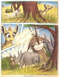 Size: 1064x1388 | Tagged: acacia tree, africa, angry, animal in mlp form, annoyed, antelope, artist:thefriendlyelephant, black rhinoceros, bush, comic, comic:sable story, cute, derpibooru import, dik dik, fluffy, gasp, giant sable antelope, grass, hill, horns, insulted, oc, oc:grumpy the rhino, oc:kekere, oc:sabe, oc:uganda, pinned, rhinoceros, rock, safe, savanna, scar, scared, size difference, surprised, territorial, traditional art, unconscious, unofficial characters only, yelling
