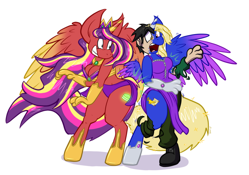 Size: 4265x3000 | Tagged: alicorn, alicorn oc, anthro, artist:virmir, bra, breasts, clothes, derpibooru import, dress, high res, horseshoes, human to anthro, magic, oc, oc:beobachten, oc:princess hotcakes, oc:radiant hotcakes, panties, side slit, simple background, suggestive, transformation, transgender transformation, transparent background, underwear, unguligrade anthro, unofficial characters only, wardrobe malfunction