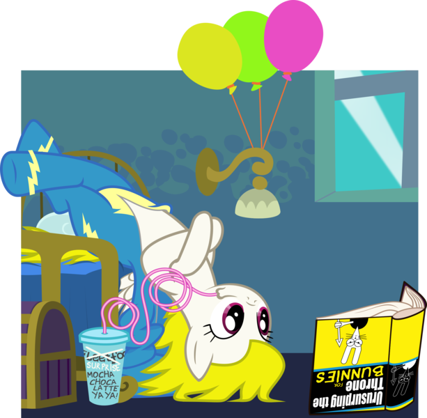 Size: 2044x2000 | Tagged: safe, artist:phucknuckl, derpibooru import, surprise, pegasus, pony, background pony, balloon, book, clothes, coffee, crazy straw, female, for dummies, high res, lady marmalade, mare, misspelling, solo, song reference, uniform, upside down, vector, wonderbolts uniform