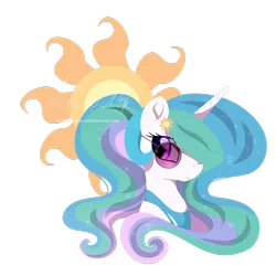 Size: 1600x1600 | Tagged: safe, artist:musicfirewind, derpibooru import, princess celestia, alicorn, pony, barrette, bust, clothes, cutie mark background, female, glasses, lineless, mare, portrait, simple background, smiling, solo, swimsuit, transparent background