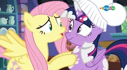 Size: 854x470 | Tagged: safe, derpibooru import, screencap, fluttershy, twilight sparkle, twilight sparkle (alicorn), alicorn, pony, a health of information, carousel (tv channel), chef's hat, duo, hat, now kiss