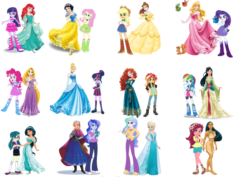 Size: 1500x1133 | Tagged: safe, artist:daniotheman, derpibooru import, applejack, fluttershy, gloriosa daisy, juniper montage, pinkie pie, princess celestia, princess luna, rainbow dash, rarity, sci-twi, sunset shimmer, twilight sparkle, equestria girls, aladdin, anna, ariel, beauty and the beast, belle, cinderella, comparison, disney princess, elsa, eqg promo pose set, frozen (movie), jasmine, mane six, merida, mulan, pocahontas, principal celestia, rapunzel, sleeping beauty, snow white, snow white and the seven dwarfs, the little mermaid, vice principal luna