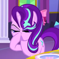 Size: 600x600 | Tagged: safe, derpibooru import, edit, edited screencap, screencap, starlight glimmer, pony, unicorn, no second prances, boop, cropped, empty eyes, exploitable meme, faic, glimmerposting, lidded eyes, meme, raised eyebrow, self-boop, smiling, smirk, solo, woll smoth