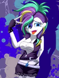Size: 2500x3300 | Tagged: suggestive, artist:geraritydevillefort, derpibooru import, rarity, equestria girls, it isn't the mane thing about you, alternate hairstyle, black underwear, breasts, busty rarity, cleavage, clothes, female, fingerless gloves, gloves, hand on hip, open mouth, panties, pony coloring, punk, raripunk, short hair, solo, solo female, thong, tongue out, underwear