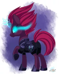 Size: 1380x1724 | Tagged: safe, artist:iheartjapan789, derpibooru import, tempest shadow, unicorn, my little pony: the movie, armor, broken horn, female, glowing eyes, glowing horn, looking back, mare, plot, raised hoof, solo, tempass