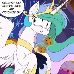 Size: 2048x2048 | Tagged: alicorn, artist:ncmares, cheek fluff, colored, color edit, cookie, cookie jar, cookie thief, cute, cutelestia, derpibooru import, dialogue, edit, female, food, implied princess luna, implied theft, jewelry, looking offscreen, mare, nose wrinkle, offscreen character, princess celestia, princess celestia's bedroom, recolor, regalia, safe, scrunchy face, speech bubble, this will end in tears and/or a journey to the sun