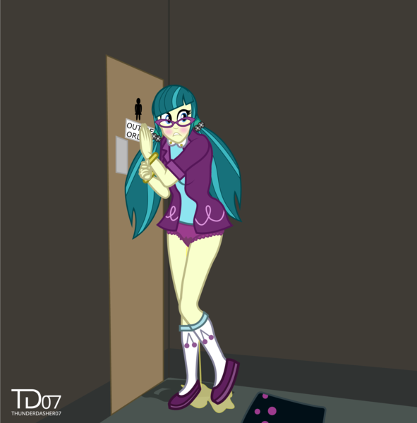 Size: 1920x1949 | Tagged: questionable, alternate version, artist:thunderdasher07, derpibooru import, juniper montage, equestria girls, movie magic, spoiler:eqg specials, accident, breasts, clothes, desperation, female, fetish, need to pee, omorashi, out of order, panties, pissing, pissing on self, potty time, solo, underwear, urine, watersports, wet panties, wetting