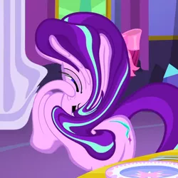 Size: 600x600 | Tagged: safe, derpibooru import, edit, edited screencap, screencap, starlight glimmer, pony, unicorn, no second prances, boop, content-aware scale, cropped, empty eyes, exploitable meme, glimmerposting, lidded eyes, meme, raised eyebrow, self-boop, smiling, smirk, solo