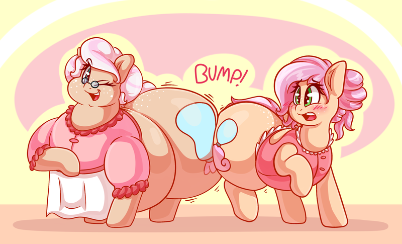 Size: 3121x1894 | Tagged: suggestive, artist:graphenescloset, derpibooru import, oc, oc:claire, oc:pastry puff, unofficial characters only, pony, butt bump, butt envy, butt to butt, butt touch, clothes, fat, female, huge butt, impossibly large butt, large butt, milf, mother and daughter, the ass was fat, wide hips