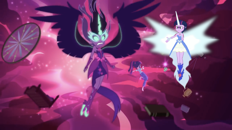 Size: 1366x768 | Tagged: safe, artist:unanimous123, derpibooru import, edit, edited screencap, screencap, sci-twi, twilight sparkle, equestria girls, legend of everfree, conscience, daydream sparkle, daydream-ified, midnight sparkle, nightmare, sci-twi's nightmare, shocked, shoulder angel, shoulder devil, surprised, triality, trio, twilight's conscience, twolight, twolight timeline