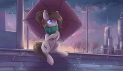 Size: 9652x5588 | Tagged: safe, artist:ardail, derpibooru import, oc, oc:mocha latte, unofficial characters only, earth pony, pony, absurd resolution, city, clothes, cute, rain, scarf, skyscraper, solo, sunrise, umbrella