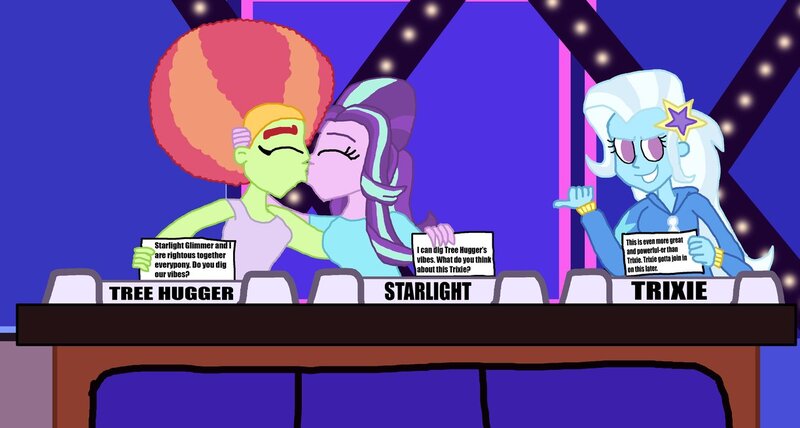 Size: 1222x654 | Tagged: safe, artist:ktd1993, derpibooru import, match game, starlight glimmer, tree hugger, trixie, equestria girls, afro, crack shipping, female, kissing, lesbian, match game (game show), shipping, starhugger