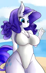 Size: 2200x3500 | Tagged: anthro, artist:huckser, beach, beach babe, big breasts, breasts, busty rarity, cleavage, clothes, curvy, derpibooru import, female, one-piece swimsuit, rarity, safe, sexy, solo, stupid sexy rarity, swimsuit, swimsuit babe, thighs, wide hips