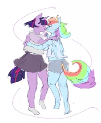 Size: 2741x3337 | Tagged: safe, artist:mazuuur, derpibooru import, rainbow dash, twilight sparkle, twilight sparkle (alicorn), alicorn, anthro, blushing, clothes, dancing, female, lesbian, shipping, twidash, wings