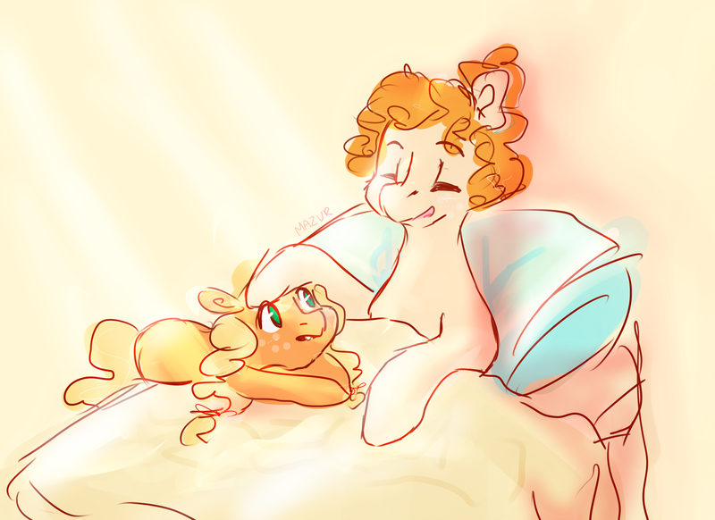 Size: 4669x3397 | Tagged: applejack, artist:mazuuur, bed, cute, derpibooru import, pear butter, pillow, safe