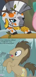 Size: 600x1280 | Tagged: safe, derpibooru import, edit, edited screencap, screencap, doctor whooves, time turner, zecora, earth pony, pegasus, pony, zebra, a health of information, call of the cutie, bed, branches, comic, cropped, doctor who, ear piercing, earring, female, jewelry, leg rings, male, mare, neck rings, piercing, rearing, screencap comic, sick, spots, stallion, swamp fever, text, the seeds of doom, tree branch, zecora's hut