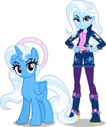 Size: 5000x5988 | Tagged: safe, artist:orin331, derpibooru import, trixie, alicorn, pony, dancerverse, equestria girls, absurd resolution, alicornified, alternate hairstyle, alternate universe, boots, clothes, female, halo, hand on hip, high heel boots, high heels, human ponidox, looking at you, race swap, self ponidox, shoes, shorts, simple background, smiling, socks, solo, stockings, thigh highs, transparent background, trixiecorn, vector