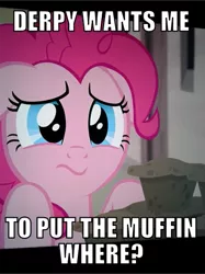 Size: 409x546 | Tagged: derpibooru import, derpy hooves, food, image macro, imminent yeast infection, implied foodplay, meme, muffin, pinkie pie, solo, suggestive, the cutie map
