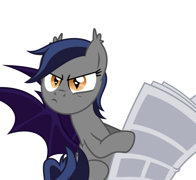 Size: 2500x2289 | Tagged: safe, artist:inudewaruika, derpibooru import, oc, oc:echo, unofficial characters only, bat pony, looking at you, newspaper, reaction image, scowl, simple background, solo, transparent background, vector