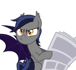 Size: 2500x2289 | Tagged: safe, artist:inudewaruika, derpibooru import, oc, oc:echo, unofficial characters only, bat pony, looking at you, newspaper, reaction image, scowl, simple background, solo, transparent background, vector