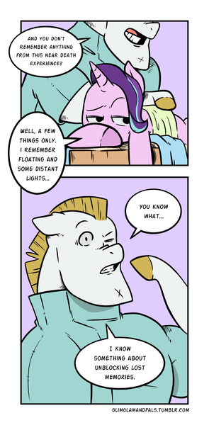 Size: 1461x2971 | Tagged: safe, artist:raph13th, derpibooru import, bulk biceps, starlight glimmer, pegasus, pony, unicorn, comic:glim glam and pals, color, comic, dialogue, female, male, mare, massage, spa, speech bubble, stallion, tumblr