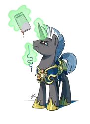 Size: 900x1238 | Tagged: safe, artist:hexfloog, derpibooru import, oc, oc:scope, unicorn, armor, crazy straw, custom armor, dripping, empty, guard, hurricane glass, magic, royal guard, royal guard armor, scowl, straw