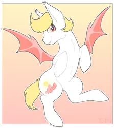 Size: 1800x2000 | Tagged: safe, artist:reverseau, derpibooru import, oc, oc:sunny side up, unofficial characters only, bat pony, fangs, gradient background, simple background, solo, transparent, transparent background