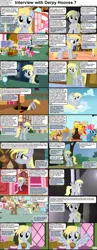 Size: 1282x3304 | Tagged: safe, derpibooru import, carrot cake, cheese sandwich, cup cake, derpy hooves, fluttershy, lightning bolt, pinkie pie, rainbow dash, white lightning, earth pony, pegasus, pony, comic:celestia's servant interview, caption, comic, cs captions, female, food, holding, interview, looking at you, male, mare, muffin, ponyville, spread wings, stallion, wings