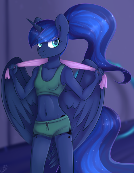 Size: 939x1209 | Tagged: alicorn, alternate hairstyle, anthro, artist:renka2802, artist:tigra0118, belly button, breasts, clothes, colored pupils, cute, derpibooru import, ethereal mane, eye clipping through hair, female, looking at you, lunabetes, midriff, ponytail, princess luna, safe, signature, skinny, small breasts, smiling, solo, sports bra, sports shorts, starry mane, towel