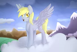 Size: 1063x720 | Tagged: safe, artist:renka2802, artist:tigra0118, derpibooru import, derpy hooves, pegasus, pony, cloud, colored pupils, cute, derpabetes, female, happy, i have seen everything, mare, mountain, open mouth, sky, solo, spread wings, standing on cloud, thousand yard stare, wings