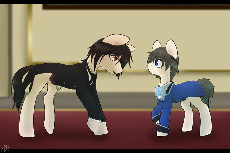 Size: 1080x720 | Tagged: safe, artist:tigra0118, derpibooru import, ponified, earth pony, pony, black butler, ciel phantomhive, clothes, colored pupils, crossover, duo, male, raised hoof, sebastian michaelis, stallion, suit