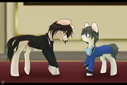 Size: 1080x720 | Tagged: safe, artist:tigra0118, derpibooru import, ponified, earth pony, pony, black butler, ciel phantomhive, clothes, colored pupils, crossover, duo, male, raised hoof, sebastian michaelis, stallion, suit
