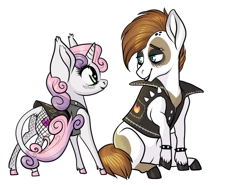 Size: 1024x768 | Tagged: safe, artist:loryska, derpibooru import, pipsqueak, sweetie belle, classical unicorn, pony, unicorn, cloven hooves, emo, female, goth, leonine tail, male, older, shipping, simple background, straight, sweetiesqueak, unshorn fetlocks, white background