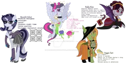 Size: 1024x512 | Tagged: safe, artist:magicandmysterygal, derpibooru import, oc, oc:moonlit velvet, oc:night nectar, oc:ruby kiss, oc:veggie tart, unofficial characters only, bat pony, pegasus, pony, unicorn, adopted offspring, apron, boots, choker, clothes, dress, ear piercing, earring, eyeshadow, female, freckles, goth, hat, implied canon x oc, implied lesbian, implied princess luna, jewelry, magical lesbian spawn, makeup, mare, necklace, next generation, offspring, one eye closed, parent:inky rose, parent:moonlight raven, parents:inkyraven, piercing, prone, shoes, skirt, socks, spiked choker, watermark, wink, witch, wristband