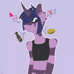 Size: 1688x1688 | Tagged: safe, artist:moonakart13, artist:moonaknight13, derpibooru import, twilight sparkle, oc, oc:twilight night, unofficial characters only, anthro, beer bottle, belly button, binder, clothes, female, food, lgbt, male, markings, midriff, outline, pride, solo, sports bra, straight, trans boy, transgender