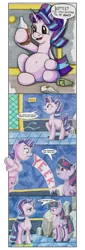 Size: 1500x4400 | Tagged: safe, artist:frenkieart, derpibooru import, starlight glimmer, twilight sparkle, twilight sparkle (alicorn), alicorn, pony, unicorn, accident, alcohol, cider, comic, desperation, dialogue, drunk, drunklight glimmer, fear wetting, full bladder, implied pissing, implied wetting, lidded eyes, need to pee, omorashi, potty emergency, potty time, puddle, scared, shrunken pupils, startled, traditional art, twilight's castle, urine