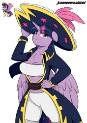 Size: 1024x1448 | Tagged: alicorn, anthro, artist:jcosneverexisted, breasts, busty twilight sparkle, captain twilight, clothes, derpibooru import, female, hat, mare, my little pony: the movie, pirate, pirate twilight, simple background, smiling, solo, solo female, suggestive, tube top, twilight sparkle, twilight sparkle (alicorn)