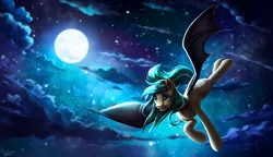Size: 3465x2000 | Tagged: safe, artist:l1nkoln, derpibooru import, oc, oc:icy breeze, unofficial characters only, bat pony, pony, bat pony oc, cloud, commission, female, flying, full moon, high res, mare, moon, night, night sky, sky, smiling, solo, starry night, stars