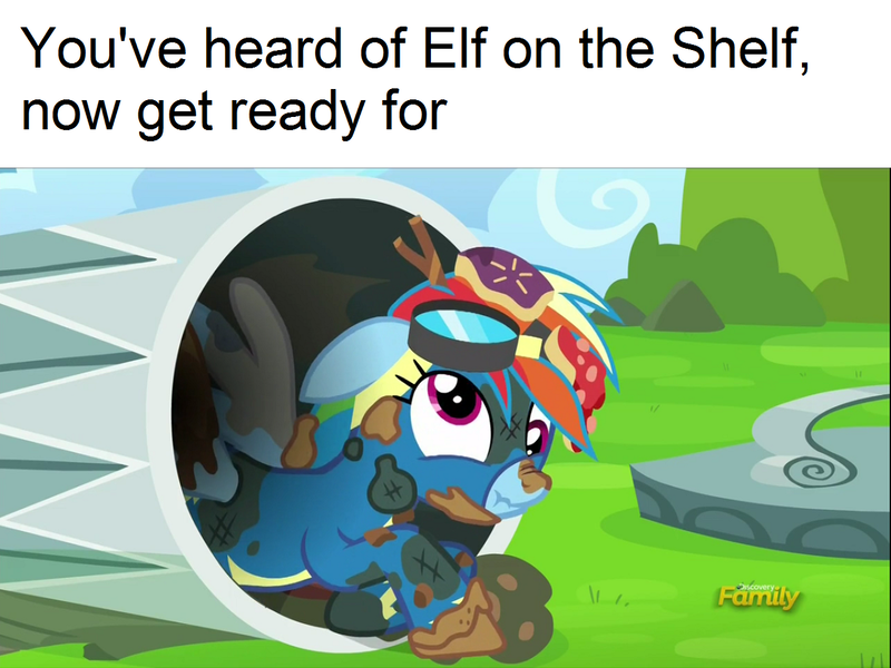 Size: 1280x960 | Tagged: clothes, derp, derpibooru import, discovery family logo, elf on the shelf, meme, name pun, newbie dash, pun, rainbow dash, rainbow trash, safe, screencap, scrunchy face, trash, trash can, uniform, wonderbolts uniform