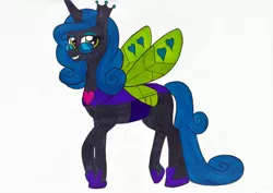Size: 3492x2467 | Tagged: artist:killerteddybear94, derpibooru import, glasses, lifted leg, looking at you, queen chrysalis, reversalis, safe, smiling, traditional art