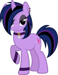 Size: 3435x4500 | Tagged: safe, artist:slb94, derpibooru import, twilight sparkle, unicorn, alternate character interpretation, alternate hairstyle, armband, collar, ear piercing, eyeshadow, female, goth, lidded eyes, looking at you, makeup, mare, piercing, simple background, solo, transparent background, unicorn twilight, vector