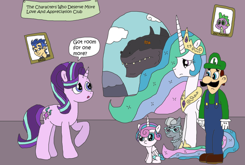 Size: 3143x2123 | Tagged: safe, artist:supahdonarudo, derpibooru import, flash sentry, princess celestia, princess flurry heart, silver spoon, spike, starlight glimmer, kaiju, equestria girls, banner, brad, club, crossover, dialogue, godzilla (tristar), godzilla the series, luigi, meta, picture frame, speech bubble, super mario bros., window, zilla