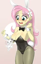 Size: 600x940 | Tagged: suggestive, artist:ta-na, derpibooru import, angel bunny, fluttershy, equestria girls, angel is a bunny bastard, assisted exposure, big breasts, blushing, bow, bowtie, breasts, bunny ears, bunny suit, bunnyshy, busty fluttershy, cleavage, clothes, cuffs (clothes), embarrassed, embarrassed nude exposure, female, imminent nudity, leotard, nudity, open mouth, pantyhose, playboy bunny, sexy, sweat, vacuum sealed clothing, wrist cuffs