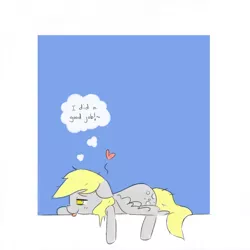 Size: 2000x2000 | Tagged: safe, artist:grim ponka, derpibooru import, derpy hooves, pegasus, pony, afterglow, female, floppy ears, heart, mare, satisfied, simple background, solo, thought bubble, tired, tongue out