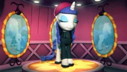 Size: 1920x1080 | Tagged: safe, artist:powdan, derpibooru import, rarity, pony, unicorn, 3d, beatnik rarity, beret, carousel boutique, clothes, eyes closed, female, french, gmod, hat, mare, mirror, shoes, smiling, solo, sweater