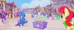 Size: 1920x800 | Tagged: safe, derpibooru import, screencap, apple bumpkin, cantaloupe (character), dawn sunrays, starlight glimmer, trixie, unnamed pony, earth pony, pony, unicorn, my little pony: the movie, animated, apple family member, background pony, canterlot, canterlot castle, cape, clothes, comparison, eyes closed, female, fireworks, gif, hat, mare, raised hoof, trixie's cape, trixie's hat